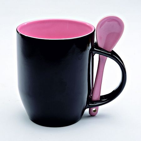Кружка керамическая хамелеон для сублимации, цвет черный, внутри розовый с ложкой (d=8.2 см, h=9.5 см, m=400 г)